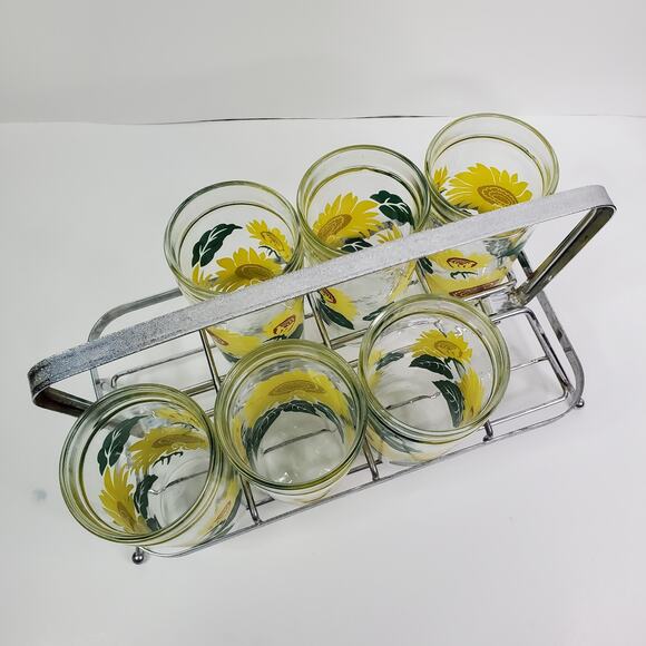 Vintage Anchor Hocking Six Sunflower Tumbler Glasses Jelly Jar Style With Rack - Picture 3 of 8